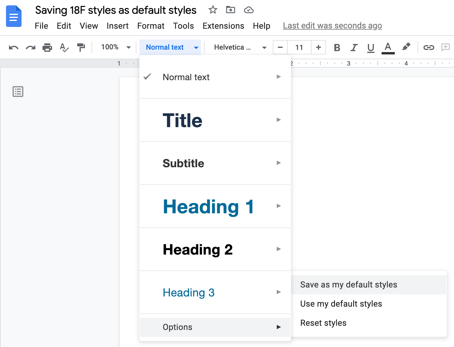 Screenshot showing how to save 18F styles as default styles in Google Docs