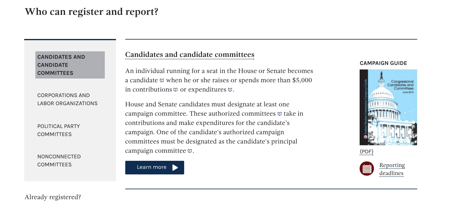 Screenshot of Federal Election Commission website, with Candidates and committees highlighted under who can register and report, with a prominent button-style link at the bottom that says learn more
