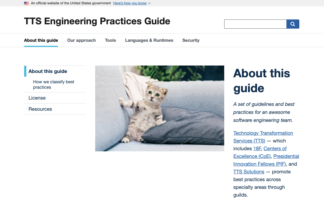 Screenshot of Engineering Practices Guide homepage with cute cat photo in the middle of it
