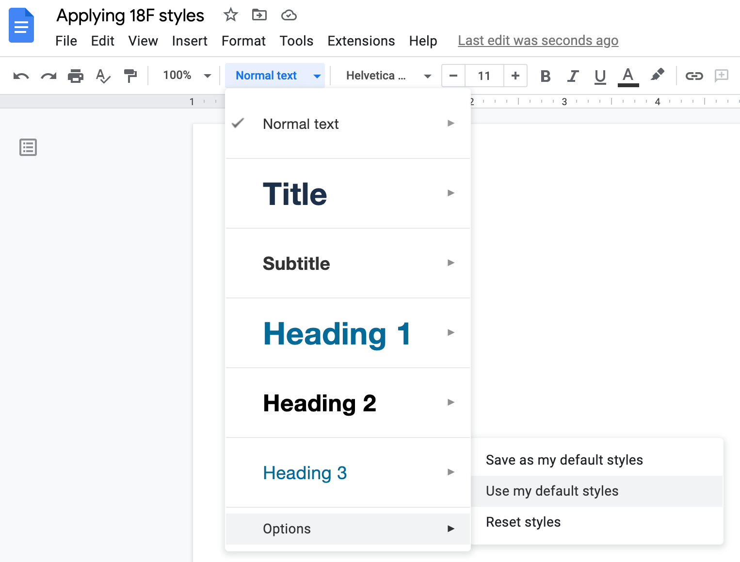 Screenshot showing how to apply default styles to an existing Google Doc